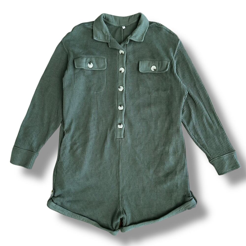 Olive Green Waffle Knit Button-Up Romper Size L Long‎ Sleeve Collared Lounge